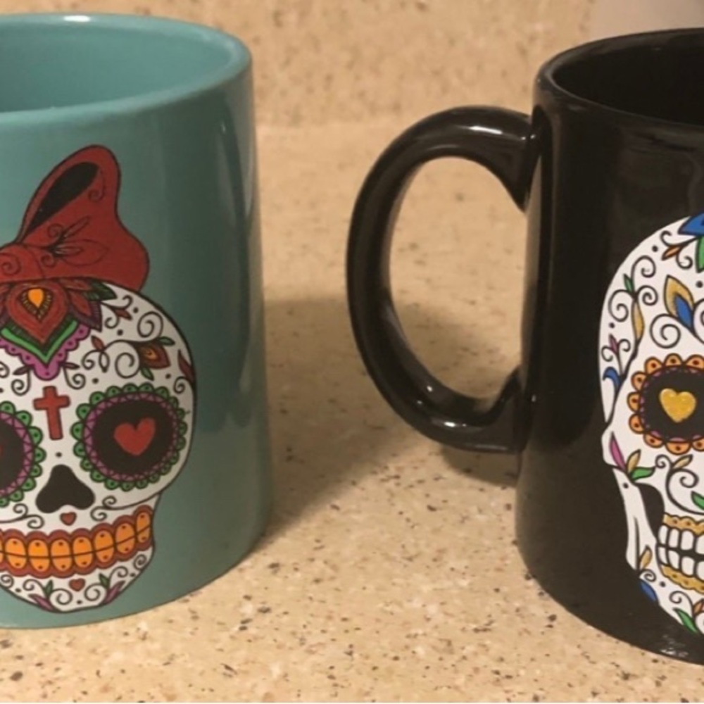 Vibrant Sugar Skull Mugs - Teal and Black